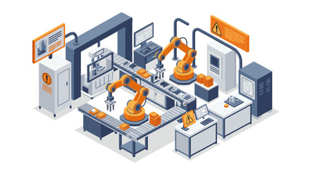 Obraz premium Isometric industrial automation scene with robotic arms and conveyor belt
