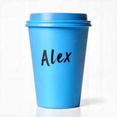 Blue coffee cup with handwritten name Alex on a neutral background  
