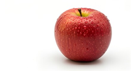 Close-up of a fresh red apple with water droplets on a white background