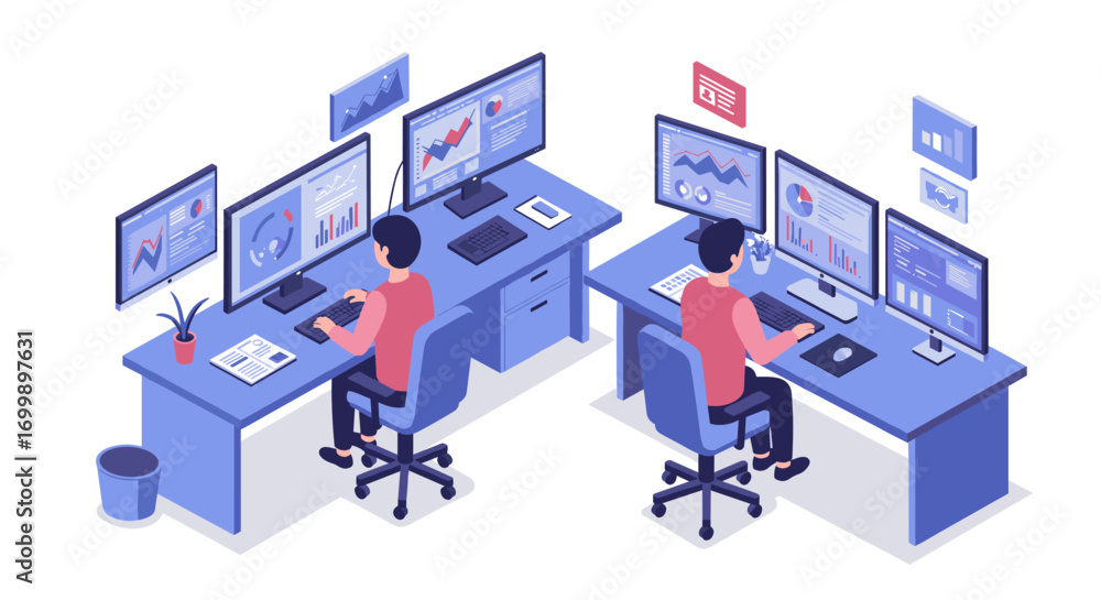 Poster teamwork in a modern office environment with colleagues analyzing financial data on computer screens
