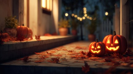 Glowing jack-o'-lanterns illuminating wooden porch, scattered autumn leaves capturing Halloween evening's warm, festive ambiance