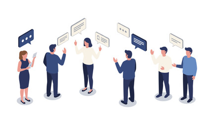 Fototapeta premium Isometric team communication with chat bubbles in office setting