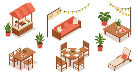 Obraz premium Cozy outdoor patio with isometric furniture and plants in relaxing setting