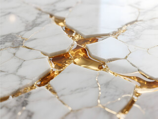 Fototapeta premium White Marble with Golden Epoxy Repair - Decorative Cracked Stone Texture for High-End Design