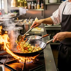 Chef Cooking Stir-fry in Wok.