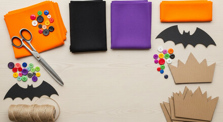 Halloween Craft Preparation Colorful Buttons, Felt Fabric, and Decorative Shapes for Spooky DIY Projects