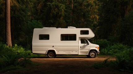 Naklejka premium Modern camper van parked amidst lush greenery, inviting adventur