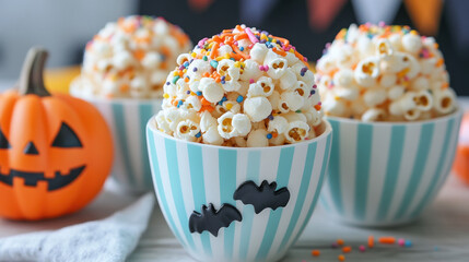 Food for halloween party, Colorful Halloween popcorn balls with sprinkles and gummy treats.