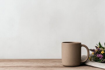 Warm ceramic mug rests on rustic table beside fresh flowers, evo