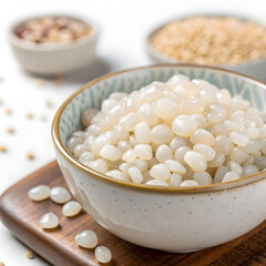 Jobs tears grains in a ceramic bowl isolated on white background, highlighting their smooth, round shape and nutritious
