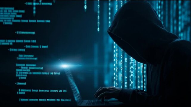 Hacker in dim server room, an unidentified figure manipulates data, embodying the unseen dangers of the digital underworld.
