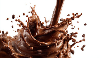 Chocolate splash rising upward in slow motion, creating dynamic and visually appealing scene filled with rich textures and vibrant colors