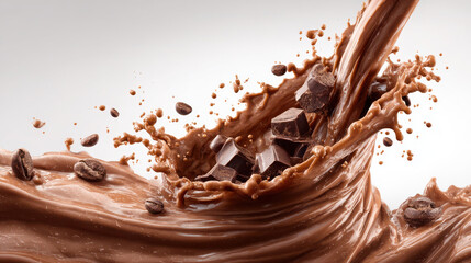 Fototapeta premium Chocolate splash rising upward in slow motion, showcasing rich cocoa and coffee beans, creating dynamic and appetizing scene