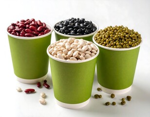 Four types of beans in green disposable cups