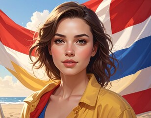 Young woman portrait with colorful flag at sunny beach landscape background