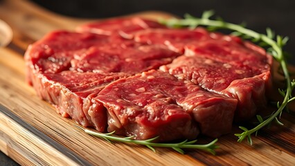 Obraz premium Close-up of raw beef on a wooden surface, showcasing freshness and culinary appeal.