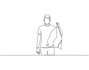 Continuous line drawing of man holding trash bag. Single line illustration of man holding rubbish. Cleaning service concept. Editable outline