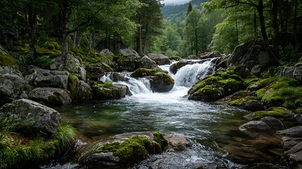Obraz premium Rushing waterfall cascading over mossy rocks into a river surrounded by trees