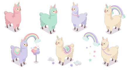 Cute isometric unicorn llamas with rainbow and stars in pastel colors