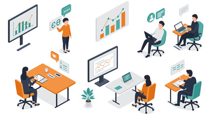 Team collaboration in modern office with technology and charts in isometric style