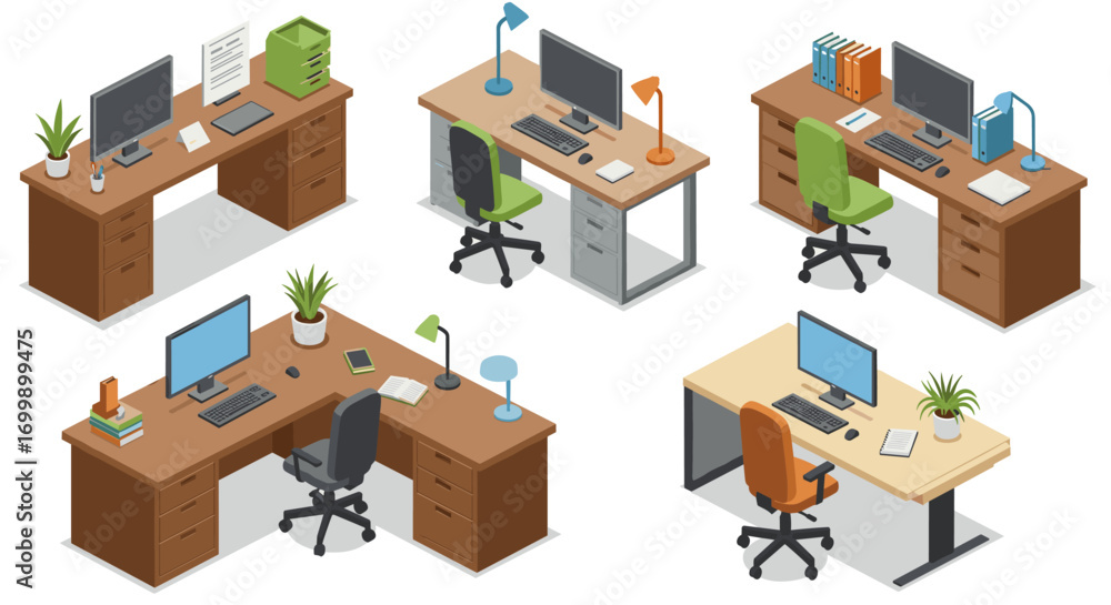 Aufkleber modern office desk setups with computers and accessories in isometric style