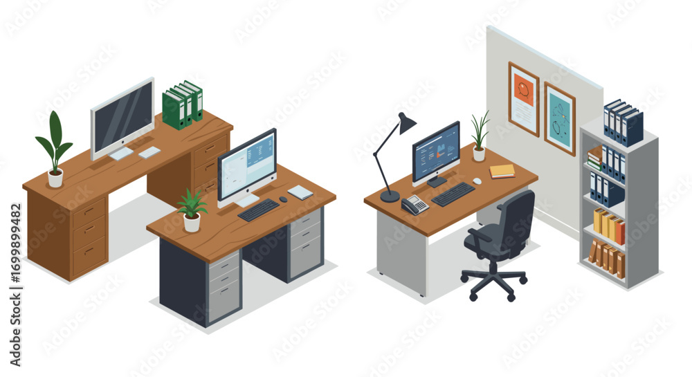 Poster modern office workspace design with desks and computers in isometric style