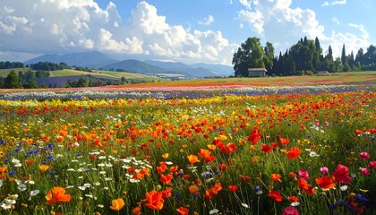 A vast expanse of vibrant wildflowers blankets a picturesque countryside landscape under a partly cloudy sky, showcasing a spectrum of colors and a peaceful ambiance.