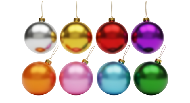 Festive holiday christmas ornaments in a rainbow of vibrant and shimmering colors Isolated on transparent background