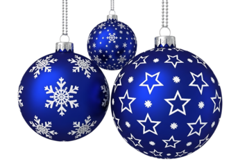 Three blue christmas ornaments decorated with snowflake and star patterns Isolated on transparent background