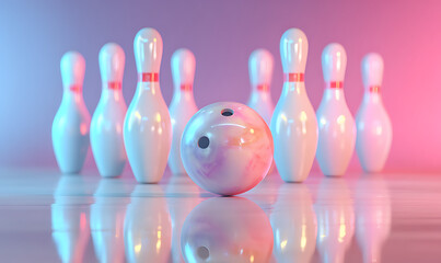 3D render of a bowling ball hitting pins with neon lights