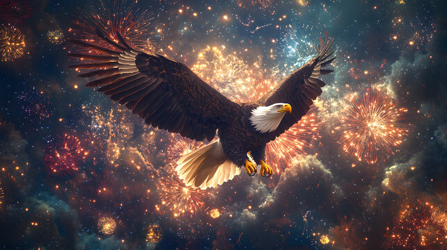 Bald eagle soaring with American flag and fireworks background, symbol of 4th of July celebration, patriotic Independence Day, Veterans Day, and Memorial Day digital illustration concept