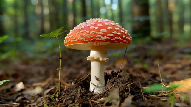 Timelapse of a red fly agaric mushroom (amanita muscaria) growing from a small sprout in the forest soil to a full red mushroom with white dots, complete growth from tiny sprout to mature mush