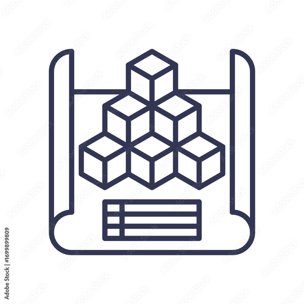 Poster a line icon of a blueprint with a modular cube structure. it symbolizes 3d modeling, architectural p