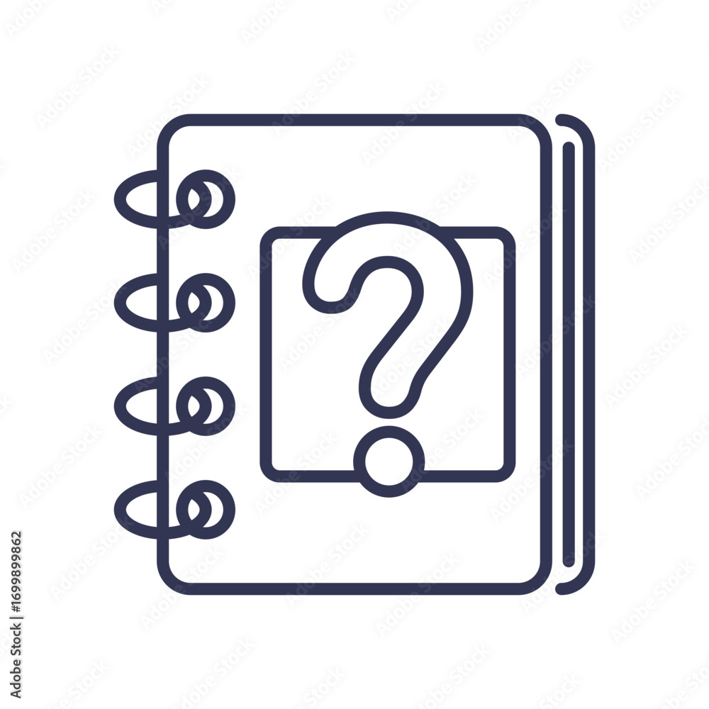 Poster a line icon of a notebook with a question mark, symbolizing educational support, tutoring, and test 