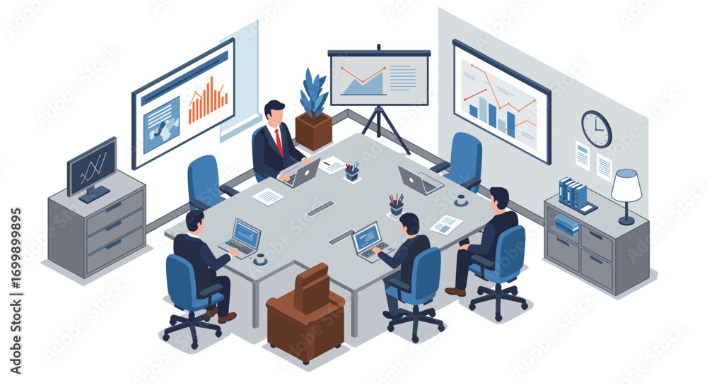 Poster collaborative office meeting in modern isometric style with data analytics and remote work elements