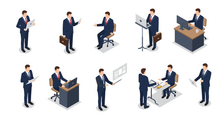 Isometric business people in office settings: meetings, technology, and professional interactions