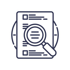 An icon of a magnifying glass over a document, symbolizing the in-depth research, thesis review, and critical analysis characteristic of postgraduate level higher education.