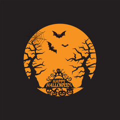 Halloween design background with castle , bats and full moon. Vector illustration
