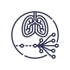 Icon of lungs with a pathway showing a delayed reaction. Represents the latent period before respiratory symptoms manifest, symbolizing delayed onset of lung disease.