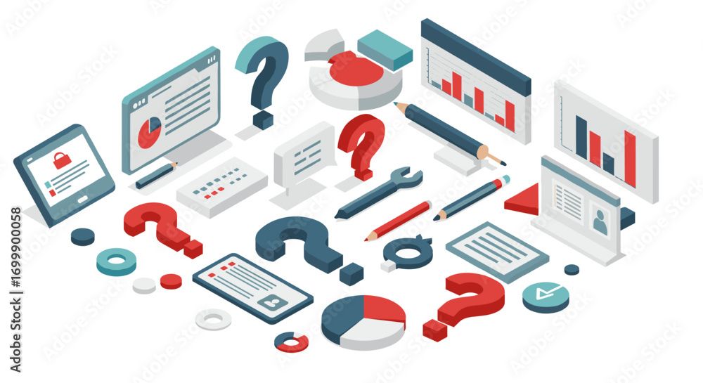 Poster isometric business analysis tools and symbols with charts and question marks