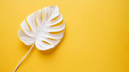 Painted white monstera deliciosa leaf on yellow background, creating a vibrant and minimal composition with copy space