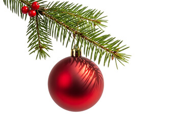 Christmas holiday decoration of a red ornament and evergreen branch Isolated on transparent background