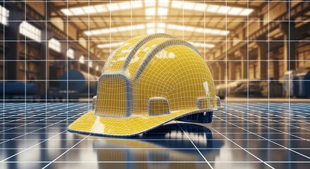 3D Rendering Yellow Wireframe Safety Hard Hat on Factory Floor