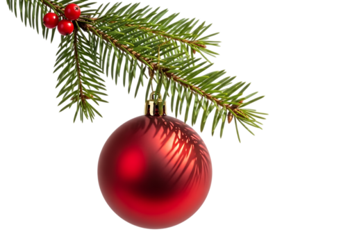 Christmas holiday decoration of a red ornament and evergreen branch Isolated on transparent background