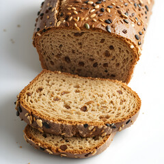 Multigrain bread loaf isolated on white background, showcasing its hearty texture, nutritious seeds, and wholesome