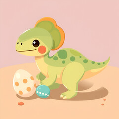 Obraz premium Create a illustration of a Maiasaura with its eggsin a kawaii style, simplified to feature fewer elements for a cleaner look, Use a color palette that is appealing to children, with bright and
