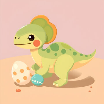 Create a illustration of a Maiasaura with its eggsin a kawaii style, simplified to feature fewer elements for a cleaner look, Use a color palette that is appealing to children, with bright and