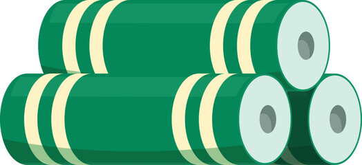 Three green cylinders with lighter stripes stacked on a plain white background, creating a simple yet visually appealing arrangement