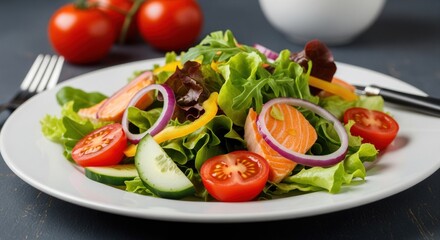 Fresh salmon salad on a white plate