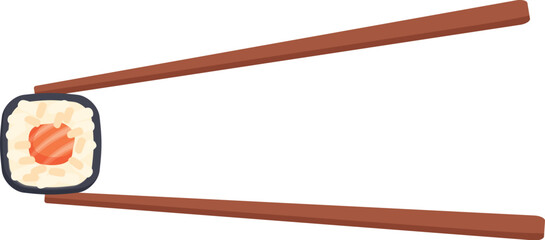 Wooden chopsticks holding a salmon sushi roll isolated on a white background